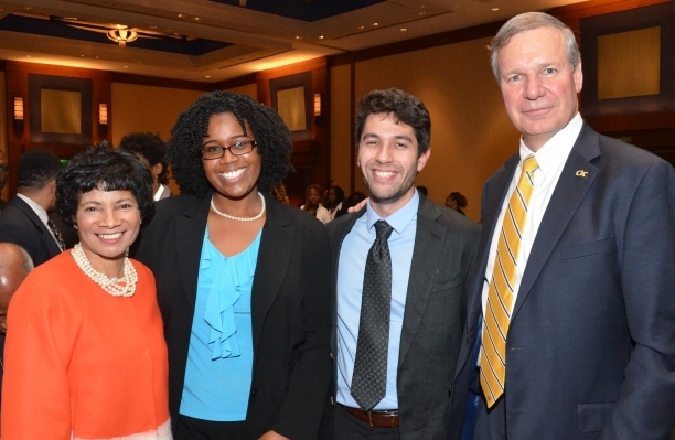 Rosalind Hudnell (Intel), Michelle Collins, Sean Rodrigues, GaTech President Bud Peterson